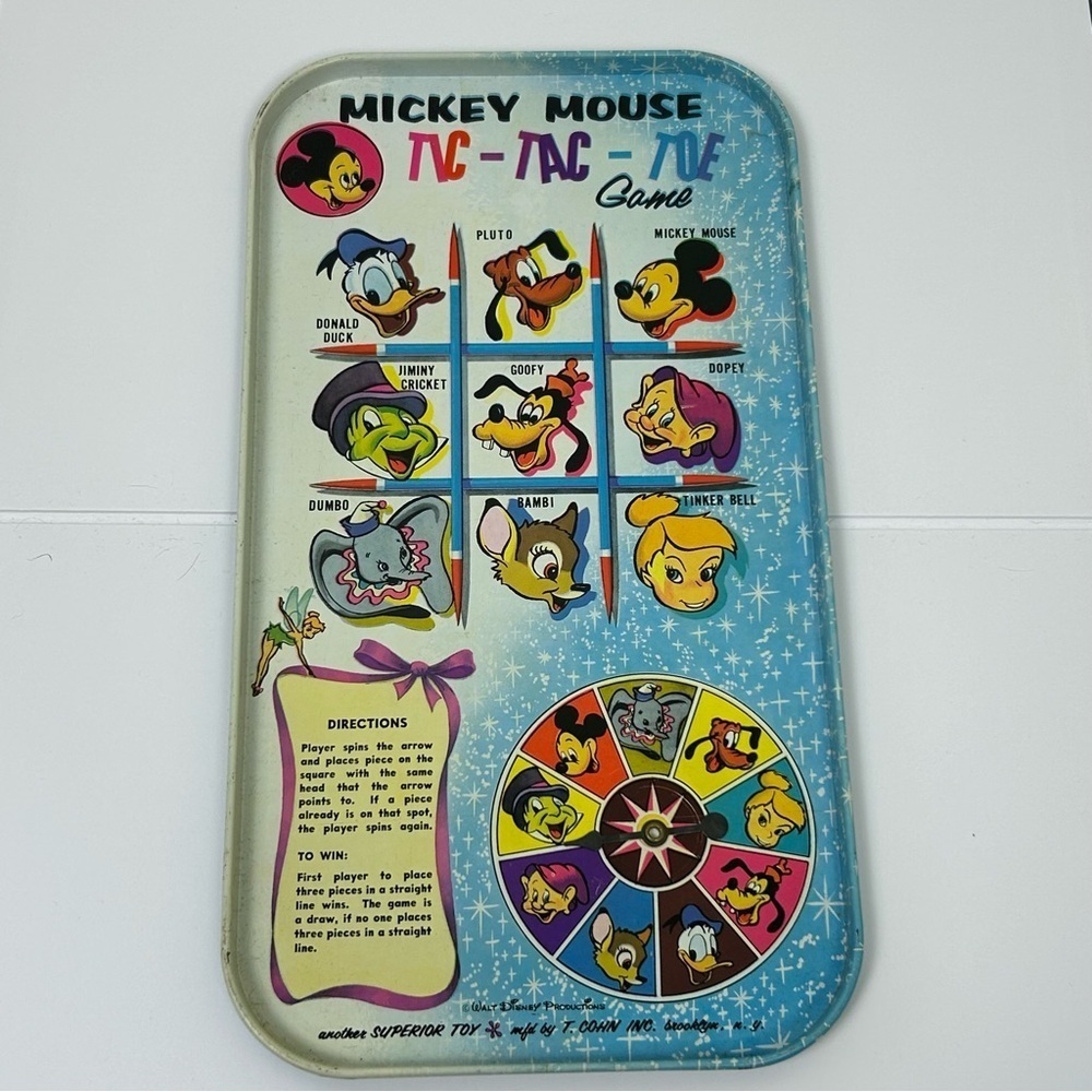 Vintage Disney 1960's Mickey Mouse Tic-Tac-Toe metal tray game with spinner